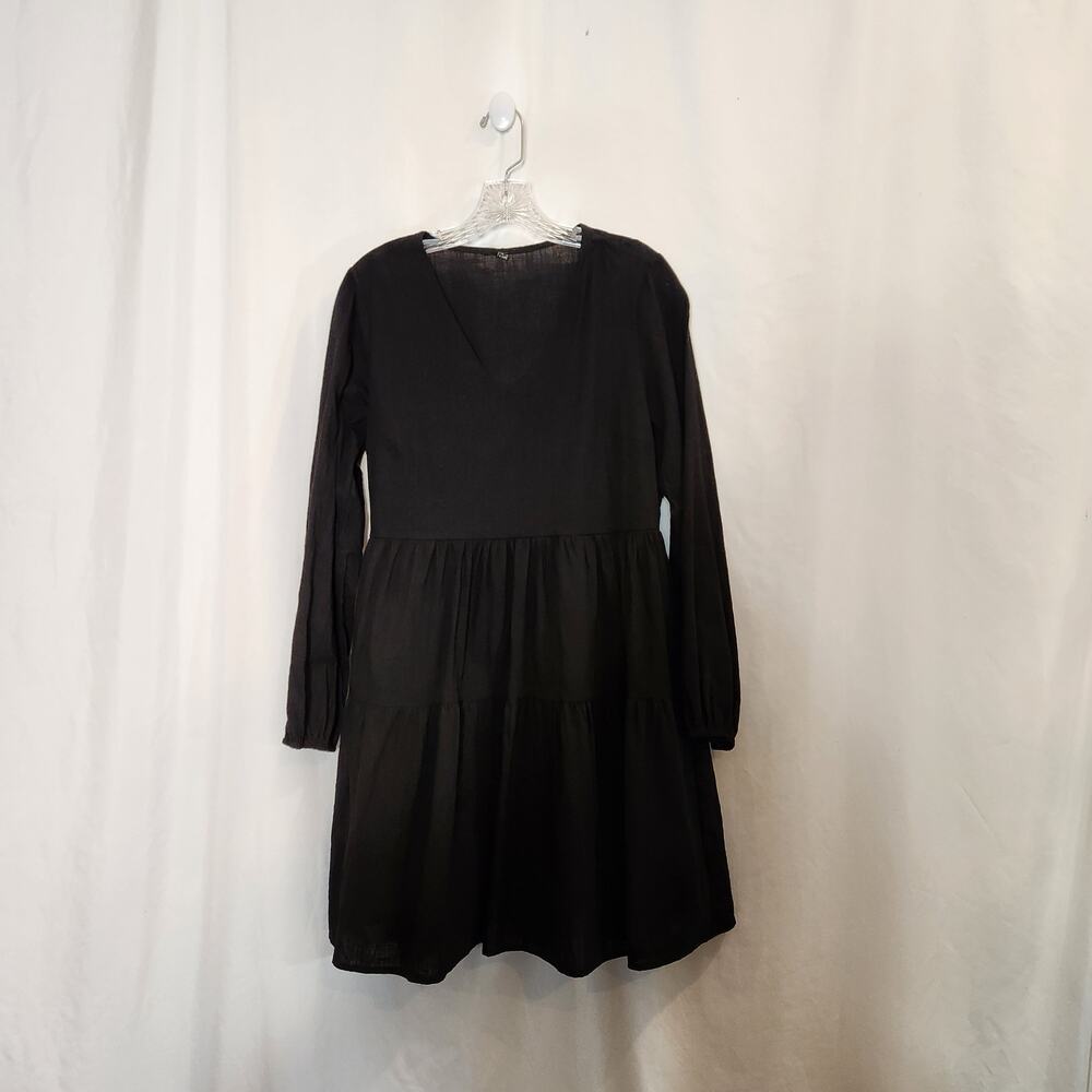 FANCYINN Black LS V Neck Lined Tiered Babydoll Witchy Goth Dress Womens Medium M